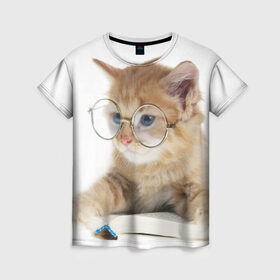 Женская футболка 3D с принтом Кот в очках , 100% полиэфир ( синтетическое хлопкоподобное полотно) | прямой крой, круглый вырез горловины, длина до линии бедер | домашнее | животное | книга | кот | кот в очках | котэ | очки | прикол | умный | ученый | читает