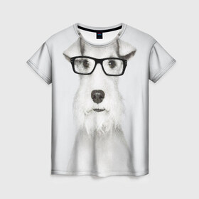 Женская футболка 3D с принтом Собака в очках , 100% полиэфир ( синтетическое хлопкоподобное полотно) | прямой крой, круглый вырез горловины, длина до линии бедер | белый | домашнее | животное | очки | пес | прикол | собака в очках | умный | ученый | эрдельтерьер