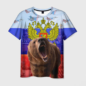 Мужская футболка 3D с принтом Русский медведь и герб , 100% полиэфир | прямой крой, круглый вырез горловины, длина до линии бедер | герб | медведь | россия | русский | русский медведь