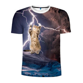 Мужская футболка 3D спортивная с принтом Кот и молния , 100% полиэстер с улучшенными характеристиками | приталенный силуэт, круглая горловина, широкие плечи, сужается к линии бедра | Тематика изображения на принте: буря | гроза | кот | котенок | молния | облака