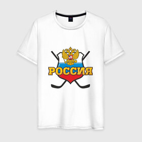 Мужская футболка хлопок с принтом Hockey. Russian team. , 100% хлопок | прямой крой, круглый вырез горловины, длина до линии бедер, слегка спущенное плечо. | Тематика изображения на принте: медведь | россия | русский | хоккей | чемпион | шайба