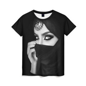 Женская футболка 3D с принтом Восточная девушка , 100% полиэфир ( синтетическое хлопкоподобное полотно) | прямой крой, круглый вырез горловины, длина до линии бедер | взгляд | восточная девушка | глаза | красивая | никаб | орнамент | узоры | хиджаб
