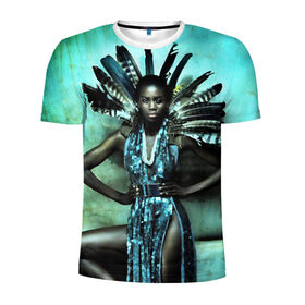 Мужская футболка 3D спортивная с принтом Африканская девушка , 100% полиэстер с улучшенными характеристиками | приталенный силуэт, круглая горловина, широкие плечи, сужается к линии бедра | Тематика изображения на принте: африка | африканская девушка | в перьях | модель | перья