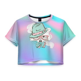 Женская футболка 3D укороченная с принтом Енот в шляпе , 100% полиэстер | круглая горловина, длина футболки до линии талии, рукава с отворотами | енот