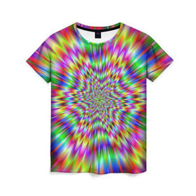 Женская футболка 3D с принтом Спектральная иллюзия , 100% полиэфир ( синтетическое хлопкоподобное полотно) | прямой крой, круглый вырез горловины, длина до линии бедер | взрыв | гипноз | движение | краски | красочный фон | обман зрения | оптическая иллюзия | погружение | текстура | фокус | цветовой спектр