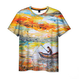 Мужская футболка 3D с принтом Рыбак на лодке , 100% полиэфир | прямой крой, круглый вырез горловины, длина до линии бедер | грузило | карась | лодка | окунь | природа | река | рыбак | рыболов | снасти | туризм | щука