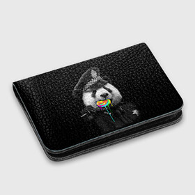 Картхолдер с принтом с принтом Панда и карамель , натуральная матовая кожа | размер 7,3 х 10 см; кардхолдер имеет 4 кармана для карт; | Тематика изображения на принте: панда | черно белый
