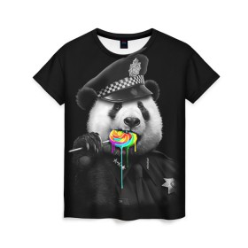 Женская футболка 3D с принтом Панда и карамель , 100% полиэфир ( синтетическое хлопкоподобное полотно) | прямой крой, круглый вырез горловины, длина до линии бедер | панда | черно белый