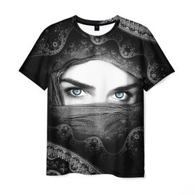 Мужская футболка 3D с принтом Восточная девушка , 100% полиэфир | прямой крой, круглый вырез горловины, длина до линии бедер | взгляд | восточная девушка | глаза | красивая | никаб | орнамент | узоры | хиджаб