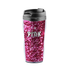 Термокружка-непроливайка с принтом Pink , внутренняя часть — пищевой пластик, наружная часть — прозрачный пластик, между ними — полиграфическая вставка с рисунком | объем — 350 мл, герметичная крышка | pink | гламур | девушка | розовый
