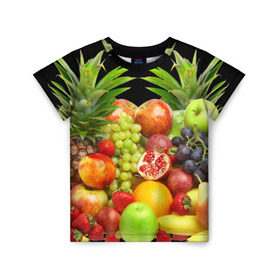 Детская футболка 3D с принтом Фрукты , 100% гипоаллергенный полиэфир | прямой крой, круглый вырез горловины, длина до линии бедер, чуть спущенное плечо, ткань немного тянется | ананас | апельсин | арбуз | банан | виноград | гранат | груша | клубника | фрукты | яблоко | ягоды