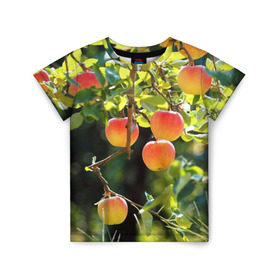 Детская футболка 3D с принтом Яблоки , 100% гипоаллергенный полиэфир | прямой крой, круглый вырез горловины, длина до линии бедер, чуть спущенное плечо, ткань немного тянется | Тематика изображения на принте: дерево | зелень | красные | сад