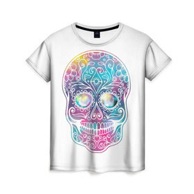 Женская футболка 3D с принтом Цветной череп с узорами , 100% полиэфир ( синтетическое хлопкоподобное полотно) | прямой крой, круглый вырез горловины, длина до линии бедер | Тематика изображения на принте: кости | скелет | узор | цветной | череп