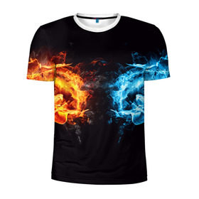Мужская футболка 3D спортивная с принтом Лёд и пламя , 100% полиэстер с улучшенными характеристиками | приталенный силуэт, круглая горловина, широкие плечи, сужается к линии бедра | вода | красный | лёд и пламя | огонь | руки | синий | столкновение | удар