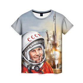 Женская футболка 3D с принтом Гагарин 8 , 100% полиэфир ( синтетическое хлопкоподобное полотно) | прямой крой, круглый вырез горловины, длина до линии бедер | 12 апреля | гагарин | день космонавтики | космонавт | космонавтика | космос | юра | юрий