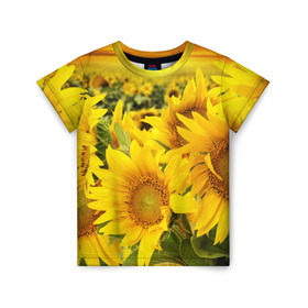 Детская футболка 3D с принтом Подсолнухи , 100% гипоаллергенный полиэфир | прямой крой, круглый вырез горловины, длина до линии бедер, чуть спущенное плечо, ткань немного тянется | желтый | солнце | цветок | яркий