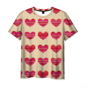 Мужская футболка 3D с принтом Шерстяные сердечки , 100% полиэфир | прямой крой, круглый вырез горловины, длина до линии бедер | вязание | вязаный | паттерн | текстура | узор