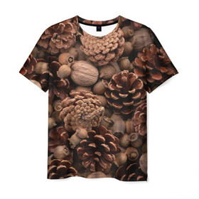 Мужская футболка 3D с принтом Шишки и орешки , 100% полиэфир | прямой крой, круглый вырез горловины, длина до линии бедер | дуб | ёлка | ель | жёлудь | иголки | кедр | лес | орех | орешки | осень | сосна | шишки