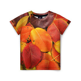Детская футболка 3D с принтом Осенний покров , 100% гипоаллергенный полиэфир | прямой крой, круглый вырез горловины, длина до линии бедер, чуть спущенное плечо, ткань немного тянется | жёлтый | золотой | красный | листва | листья | осень