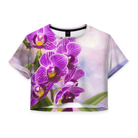 Женская футболка 3D укороченная с принтом Божественная орхидея , 100% полиэстер | круглая горловина, длина футболки до линии талии, рукава с отворотами | Тематика изображения на принте: 8 марта | букет | весна | красота | куст | лето | орхидея | подарок | сиреневый цвет | цветок | шикарный цветочек