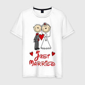 Мужская футболка хлопок с принтом Just married , 100% хлопок | прямой крой, круглый вырез горловины, длина до линии бедер, слегка спущенное плечо. | just married | женат | замужем | молодожены | свадьба