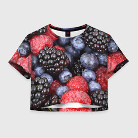 Женская футболка 3D укороченная с принтом Ягодки , 100% полиэстер | круглая горловина, длина футболки до линии талии, рукава с отворотами | вкусно | голубика | дача | деревня | ежевика | клубника | малина | огород | полезно | сад | смородина | сок | фрукты | черника | ягоды