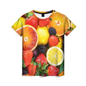 Женская футболка 3D с принтом Ягоды и фрукты , 100% полиэфир ( синтетическое хлопкоподобное полотно) | прямой крой, круглый вырез горловины, длина до линии бедер | Тематика изображения на принте: абрикос | алыча | апельсин | бодрость | веган | виноград | витамины | груша | диета | еда | здоровье | клубника | лайм | лимон | малина | молодость | нектар | овощи | персик | питание | польза | смородина