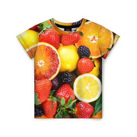 Детская футболка 3D с принтом Ягоды и фрукты , 100% гипоаллергенный полиэфир | прямой крой, круглый вырез горловины, длина до линии бедер, чуть спущенное плечо, ткань немного тянется | абрикос | алыча | апельсин | бодрость | веган | виноград | витамины | груша | диета | еда | здоровье | клубника | лайм | лимон | малина | молодость | нектар | овощи | персик | питание | польза | смородина