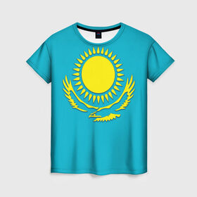 Женская футболка 3D с принтом Казахстан , 100% полиэфир ( синтетическое хлопкоподобное полотно) | прямой крой, круглый вырез горловины, длина до линии бедер | герб | казахстан | флаг
