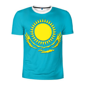 Мужская футболка 3D спортивная с принтом Казахстан , 100% полиэстер с улучшенными характеристиками | приталенный силуэт, круглая горловина, широкие плечи, сужается к линии бедра | Тематика изображения на принте: герб | казахстан | флаг