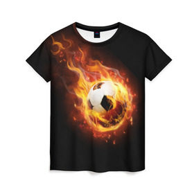 Женская футболка 3D с принтом Страсть к футболу , 100% полиэфир ( синтетическое хлопкоподобное полотно) | прямой крой, круглый вырез горловины, длина до линии бедер | Тематика изображения на принте: игра | искры | мяч | огонь | пламя | спорт | страсть | фанат | футбол | футболист