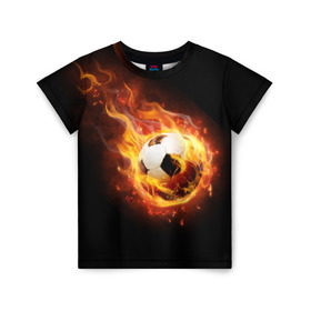 Детская футболка 3D с принтом Страсть к футболу , 100% гипоаллергенный полиэфир | прямой крой, круглый вырез горловины, длина до линии бедер, чуть спущенное плечо, ткань немного тянется | Тематика изображения на принте: игра | искры | мяч | огонь | пламя | спорт | страсть | фанат | футбол | футболист