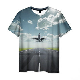 Мужская футболка 3D с принтом Самолет , 100% полиэфир | прямой крой, круглый вырез горловины, длина до линии бедер | Тематика изображения на принте: взлет | небо | природа