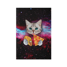 Обложка для паспорта матовая кожа с принтом Кот с едой , натуральная матовая кожа | размер 19,3 х 13,7 см; прозрачные пластиковые крепления | art | cat | pizza | space | еда | космос | кот | кот в космосе | кот с едой | котенок | котик | пицца