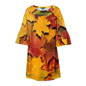 Детское платье 3D с принтом Осень на дворе , 100% полиэстер | прямой силуэт, чуть расширенный к низу. Круглая горловина, на рукавах — воланы | бордовый | жёлтый | красный | листва | листья