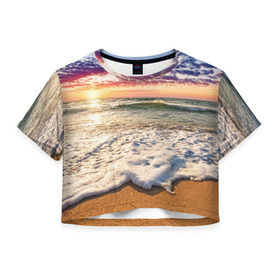 Женская футболка 3D укороченная с принтом Красочный закат , 100% полиэстер | круглая горловина, длина футболки до линии талии, рукава с отворотами | Тематика изображения на принте: sunrise | sunset | touchdown | волны | восход солнца | закат | красота | лето | море | небо | облака | океан | отдых | отпуск | пена | песок | прилив | природа | путешествие | рассвет | солнце | туризм