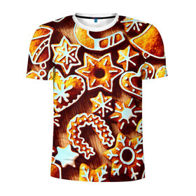 Мужская футболка 3D спортивная с принтом Новогоднее печенье , 100% полиэстер с улучшенными характеристиками | приталенный силуэт, круглая горловина, широкие плечи, сужается к линии бедра | Тематика изображения на принте: оранжевый | печенье | сладости | хлебные