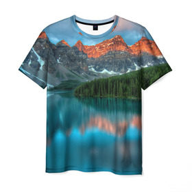 Мужская футболка 3D с принтом Неописуемая красота , 100% полиэфир | прямой крой, круглый вырез горловины, длина до линии бедер | Тематика изображения на принте: горы | канада | красота | лес | небо | облака | озеро | пейзаж | природа | речка