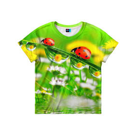 Детская футболка 3D с принтом Макро , 100% гипоаллергенный полиэфир | прямой крой, круглый вырез горловины, длина до линии бедер, чуть спущенное плечо, ткань немного тянется | Тематика изображения на принте: божья коровка | насекомые | одуванчик | природа | цветы