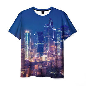 Мужская футболка 3D с принтом Ночная Москва , 100% полиэфир | прямой крой, круглый вырез горловины, длина до линии бедер | город | москва сити | пейзаж