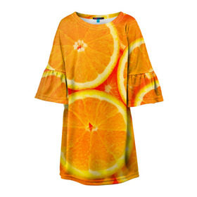 Детское платье 3D с принтом Апельсины , 100% полиэстер | прямой силуэт, чуть расширенный к низу. Круглая горловина, на рукавах — воланы | апельсин | долька | цитрус