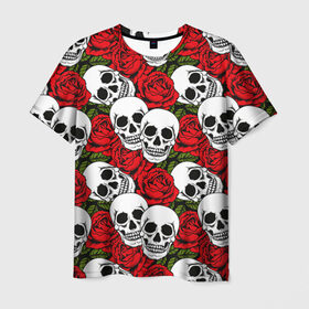 Мужская футболка 3D с принтом Черепа в розах , 100% полиэфир | прямой крой, круглый вырез горловины, длина до линии бедер | music | rock | skull | музыка | рок | череп | черепа