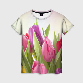Женская футболка 3D с принтом Тюльпаны , 100% полиэфир ( синтетическое хлопкоподобное полотно) | прямой крой, круглый вырез горловины, длина до линии бедер | Тематика изображения на принте: 8 марта | аромат | букет | вазон | великолепие | дача | девушки | женщины | краски | красота | куст | лужайка | милые цветы | огород | палитра | прелесть | радуга | растение | тюльпаны