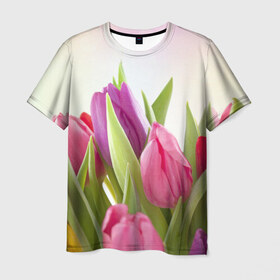 Мужская футболка 3D с принтом Тюльпаны , 100% полиэфир | прямой крой, круглый вырез горловины, длина до линии бедер | Тематика изображения на принте: 8 марта | аромат | букет | вазон | великолепие | дача | девушки | женщины | краски | красота | куст | лужайка | милые цветы | огород | палитра | прелесть | радуга | растение | тюльпаны