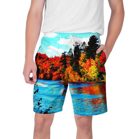 Мужские шорты 3D с принтом Озеро ,  полиэстер 100% | прямой крой, два кармана без застежек по бокам. Мягкая трикотажная резинка на поясе, внутри которой широкие завязки. Длина чуть выше колен | деревья | красные листья | кусты | осень | природа | река