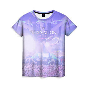 Женская футболка 3D с принтом Sensation , 100% полиэфир ( синтетическое хлопкоподобное полотно) | прямой крой, круглый вырез горловины, длина до линии бедер | sensation | white |  sensation white | вайт | сенсейшн