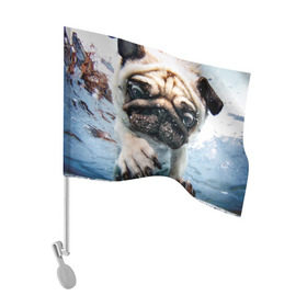 Флаг для автомобиля с принтом Мопс , 100% полиэстер | Размер: 30*21 см | animal | breed | bubbles | diving | dog | eyes bulging | pug | water | вода | выпученные | глаза | животное | мопс | ныряет | порода | пузыри | собака