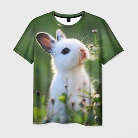 Мужская футболка 3D с принтом Кролик , 100% полиэфир | прямой крой, круглый вырез горловины, длина до линии бедер | Тематика изображения на принте: animal | baby | cute | flowers | fluffy | hare | lawn | little | meadow | rabbit | животное | заяц | кролик | луг | лужайка | маленький | малыш | милый | пушистый | цветы