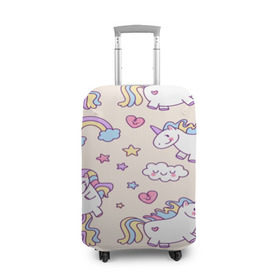 Чехол для чемодана 3D с принтом Радужные Единорожки , 86% полиэфир, 14% спандекс | двустороннее нанесение принта, прорези для ручек и колес | Тематика изображения на принте: unicorn | белый | единорог | лошадь | облако | радуга | розовый | сердце | улыбка | фиолетовый | цвет