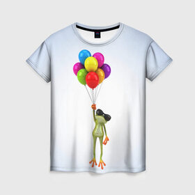 Женская футболка 3D с принтом Лягушка на воздушных шарах , 100% полиэфир ( синтетическое хлопкоподобное полотно) | прямой крой, круглый вырез горловины, длина до линии бедер | Тематика изображения на принте: 